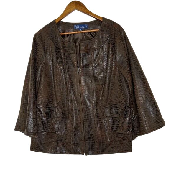 Susan Graver Faux Crocodile Jacket 1X Brown Textured Open Front Chic Style - Picture 1 of 7